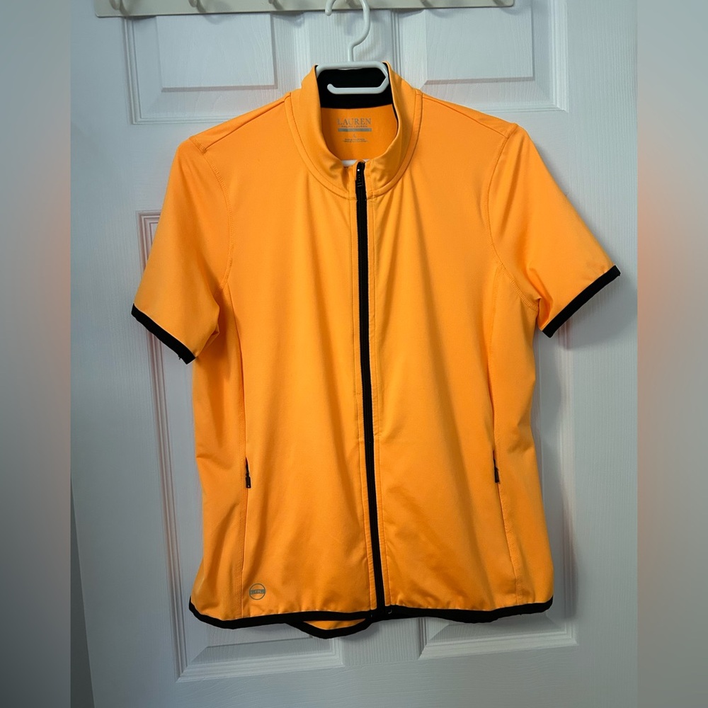 Lauren Ralph Lauren Short Sleeve Zip-Front Tee in Bright Orange